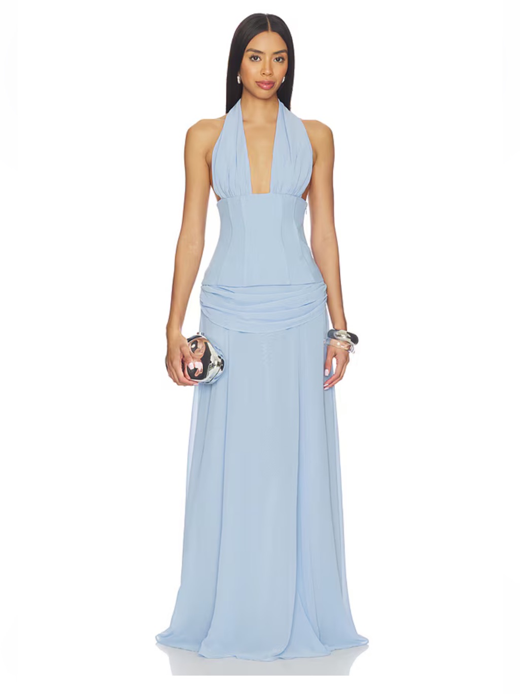 Nbd Myra Gown Blue Halter Maxi Dress Corset Bustier Revolve Nwt Xs